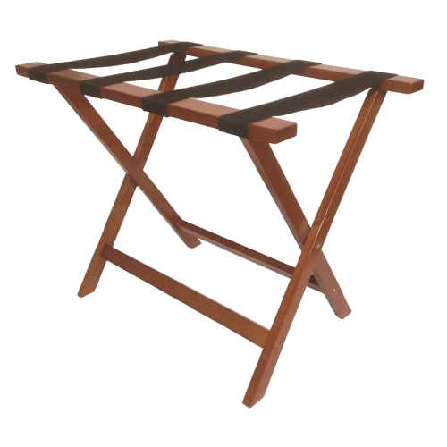 Flat Top Wooden Luggage Rack, Mahogany Finish with Black Straps